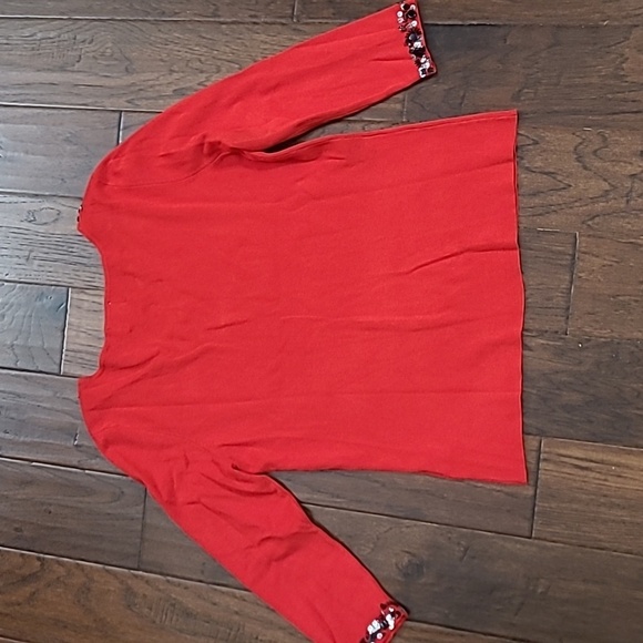 Ruby Rd Vibrant Red Knit Top with Sequins & Beaded Neckline & Cuffs size XL - Picture 2 of 8